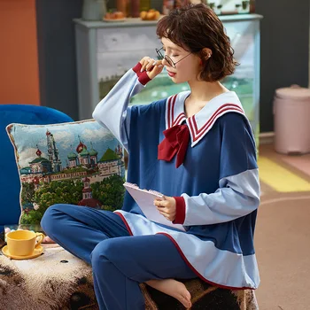 

Navy Blue Printed Pyjamas Simple Sweet Nightwear Cute Loungewear Pijamas Nighty Autumn Spring Girl Sleepwear Women's Pajamas Set