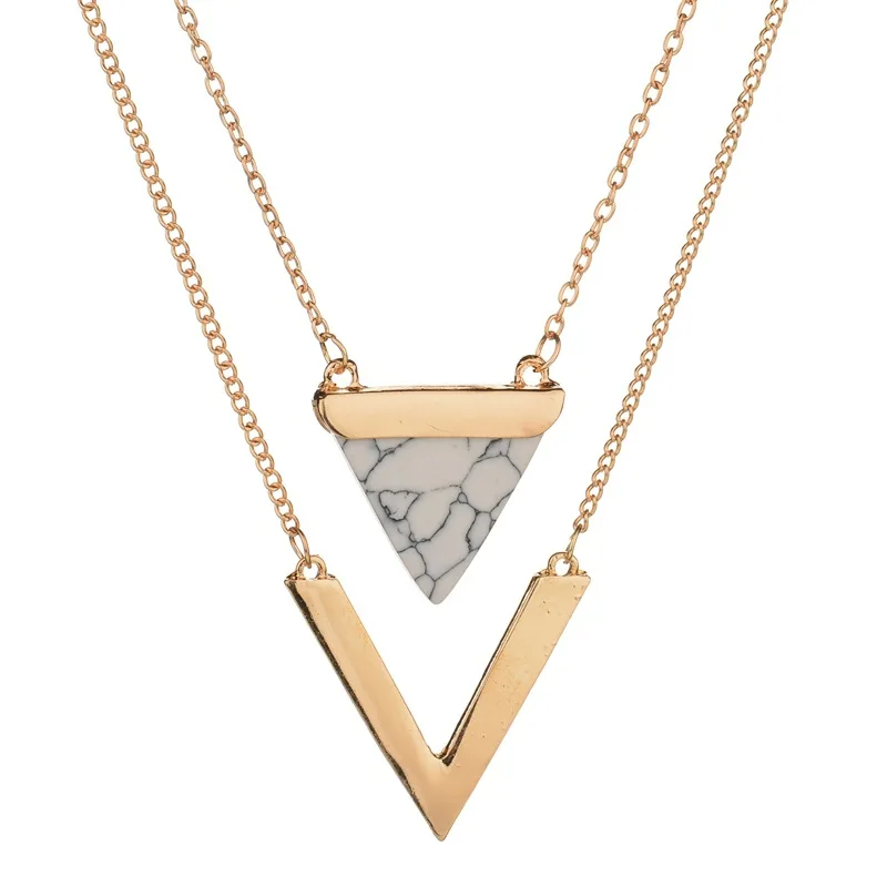 

Europe And America Popular Official Website Celebrity Style Triangular Turquoise Pendant Necklace V-Shaped Double Multilayer Cho