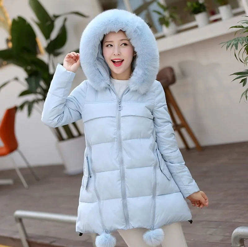 

2018 Korean-style Mid-length Slim Fit Thick A- line Version Large Size down Jacket Cotton-padded Clothes Cloak Large Fur Collar