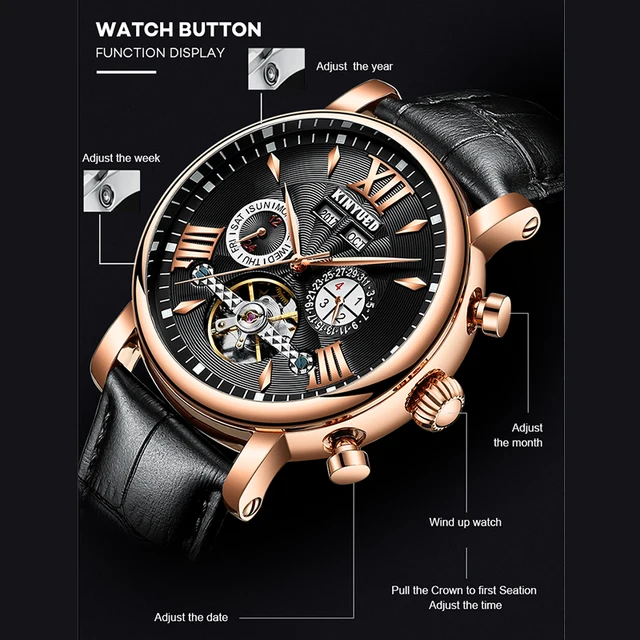 Kinyued Automatische Mechanische Horloge Mode Lederen Waterdichte Heren Horloges Perpetual Kalender Reloj Hombre Geschenkdoos Verpakking