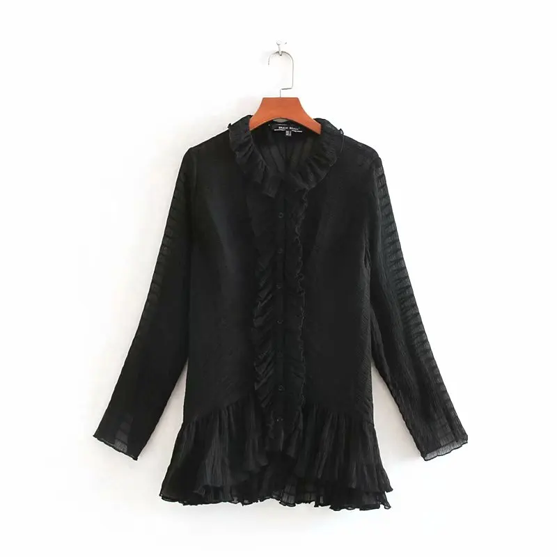 

new women elegant cascading ruffles texture casual smock blouse shirts women hem ruffles chic black blusas femininas tops LS4275