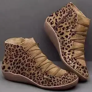 Женские ботильоны из искусственной кожи; женские зимние ботинки с перекрестными ремешками в винтажном стиле; плюшевые теплые короткие ботинки в стиле панк; женская обувь на плоской подошве; botas mujer - Цвет: Leopard