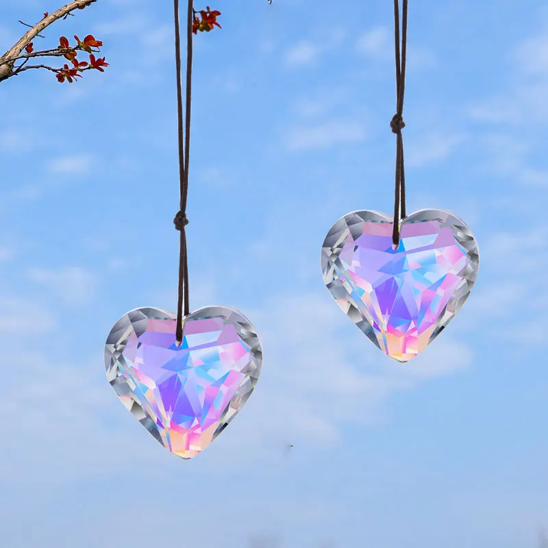 H&D 9pcs Heart Crystal Prisms Suncatcher Chandelier Part Pendant 50mm AB-Color Glass Art Hanging Drops Home Decor DIY Ornament