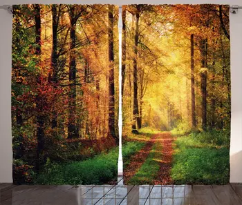 

Modern Window Curtains Autumn Forest Scenery with Rays of Warm Sun on Shady Trees Woods Warm Feelings Art Living Room Decor