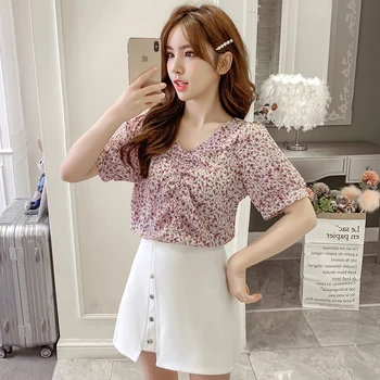 

COIGARSAM Short Sleeve blouse women New Chiffon Print Loose Bow V-Neck blusas womens tops and blouses White Red 9806