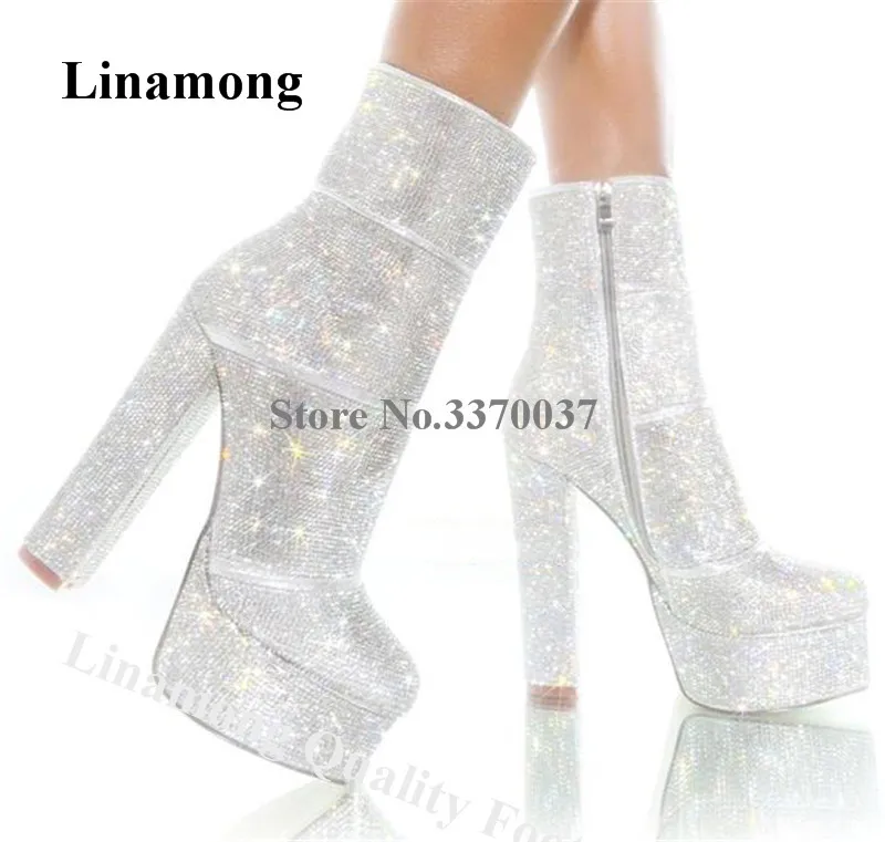 

Linamong Bling Bling Round Toe Rhinestone High Platform Chunky Heel Short Boots Silver Crystals Thick Heel Ankle Booties