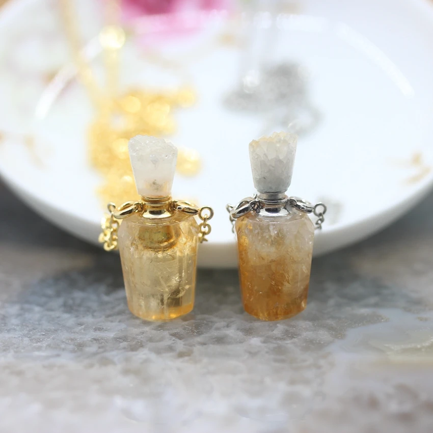 

Cut Citrines Crystal Perfume Bottle Necklace Pendants,Natural Yellow Quartz Gems Essential Oil Diffuser Charms Jewelry Gift