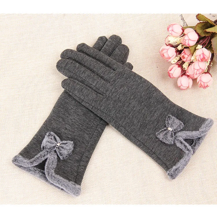Новинка, модные женские перчатки с милым бантом, шерстяные перчатки, теплые перчатки, зимние женские перчатки, полный палец, элегантное платье - Цвет: Grey