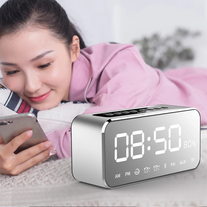 Портативный mp3-плеер Зеркало Led стерео спикер s Bluetooth спикер с fm-радио Время Будильник(серебро