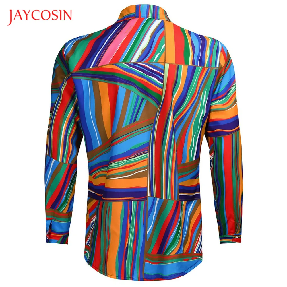 Joycosin, зимняя мужская рубашка, повседневная мужская одежда, цветная полоска, принт, длинный рукав, лацканы, мужская рубашка на пуговицах, уличная мода, топы