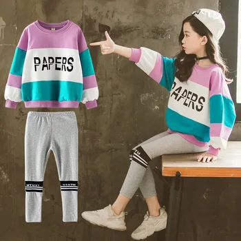

Children's Suits Thicken Velvet Girls Clothing Sets Warm Teenagers Sweatshirt Letter Patchwork Cotton Tops+Leggings Trouser Pant