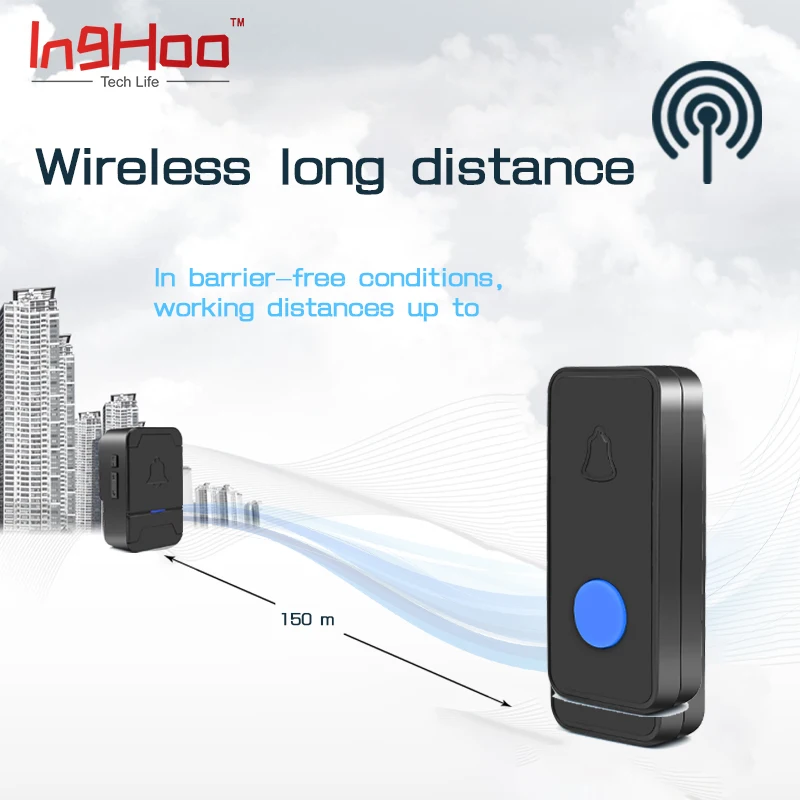 IngHoo mini home простая беспроводная кнопка батареи дверной звонок водонепроницаемый анти-помех Соединенные Штаты ЕС Великобритания разъем 150 м расстояние передачи 38 первый звонок дверной звонок 1 кнопка 1 приемник