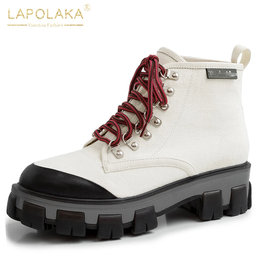 

Lapolaka 2019 Genuine Leather Mixedcanvas Top Quality Brand New Ankle Boots Woman Shoes women's Motorcycles Boots Female