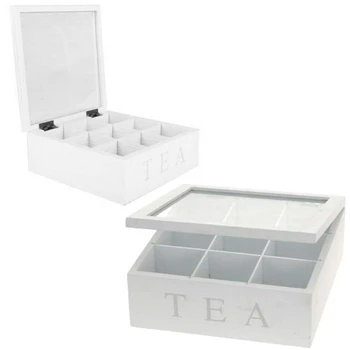 

White Tea Box Natural Chest With Clear Hinged Lid 9 Storage Sections Wooden Box Storage Dried Flowers Puer Tea Box Case