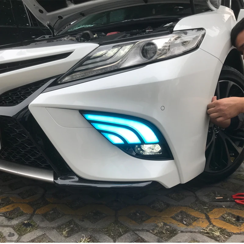 2 шт. для Toyota Camry светодиодный дневные ходовые огни DRL с отверстием для противотуманной фары желтый указатель поворота синий ночной Светильник