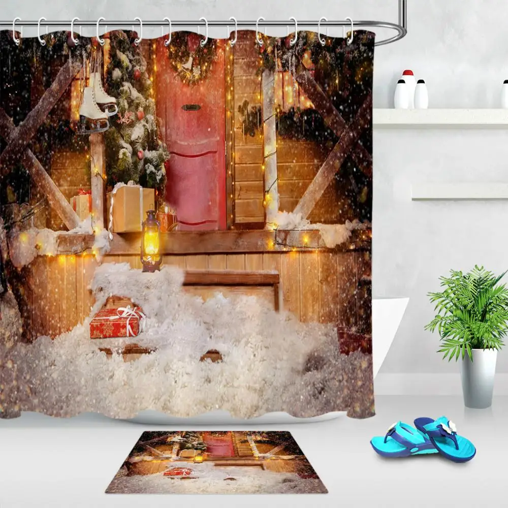 

Winter Christmas Snowflake Gift Scene Bathroom Waterproof Fabric Mildew Proof Shower Curtain With 12 Hooks and Bath Mat Sets