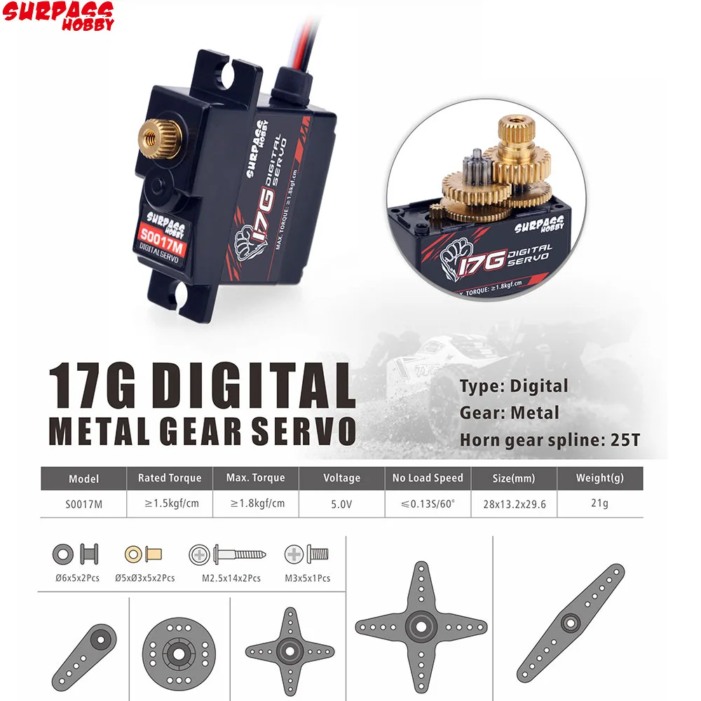 

SURPASS Hobby S0017M 17g Metal Gear 3.5KG Digital Servo for RC Airplane Robot 1/18 1/16 Truck Car Boat Duct Plane