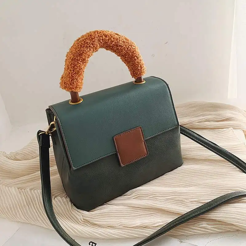 

2020 spring new plush handbag contrast color fashion simple shoulder messenger bag large capacity small square bag