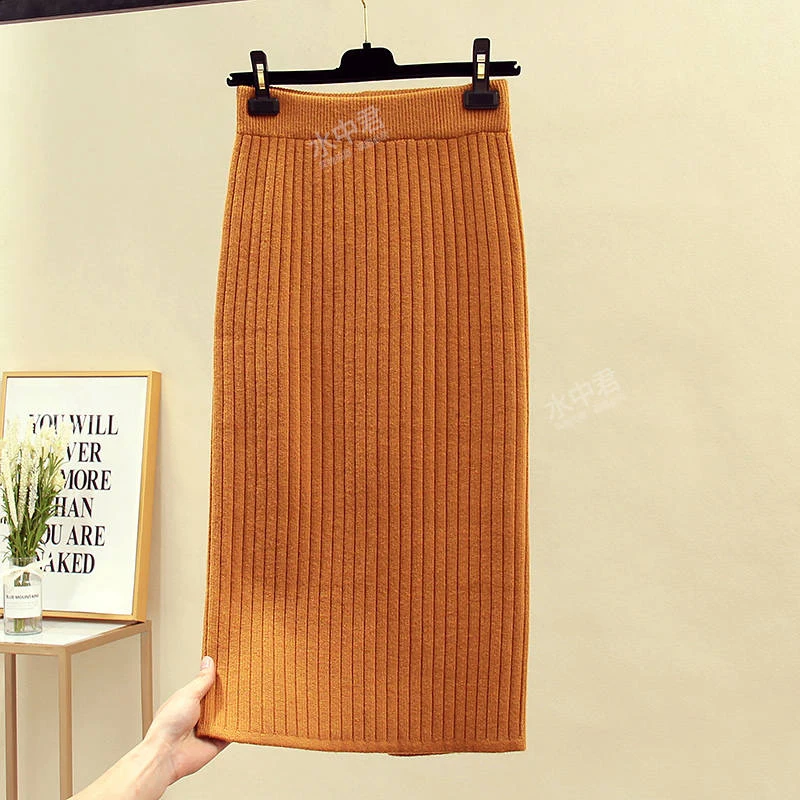 JuneLove, женские зимние вязаные юбки с эластичной резинкой на талии, винтажные, размера плюс, женские Облегающие юбки, повседневные, уличные, женские, миди юбки, низ