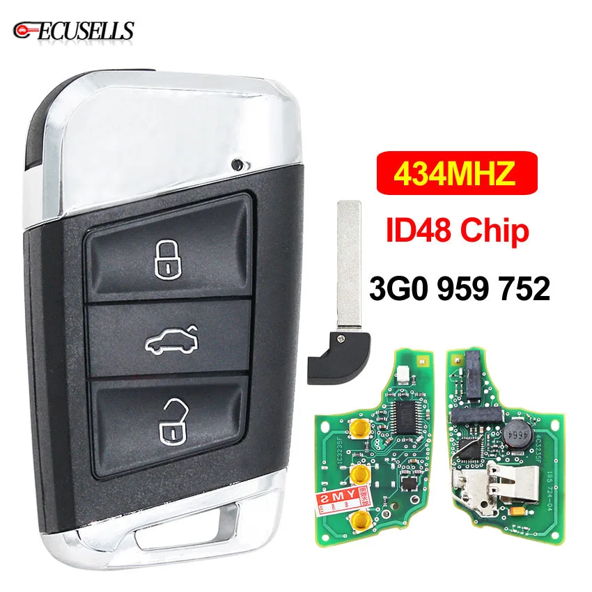 3 кнопки дистанционного смарт Ключи MQB 434 МГц ID48 чип для Volkswagen Magotan Superb A7 Passat B8- 3G0 959 752 необработанное лезвие