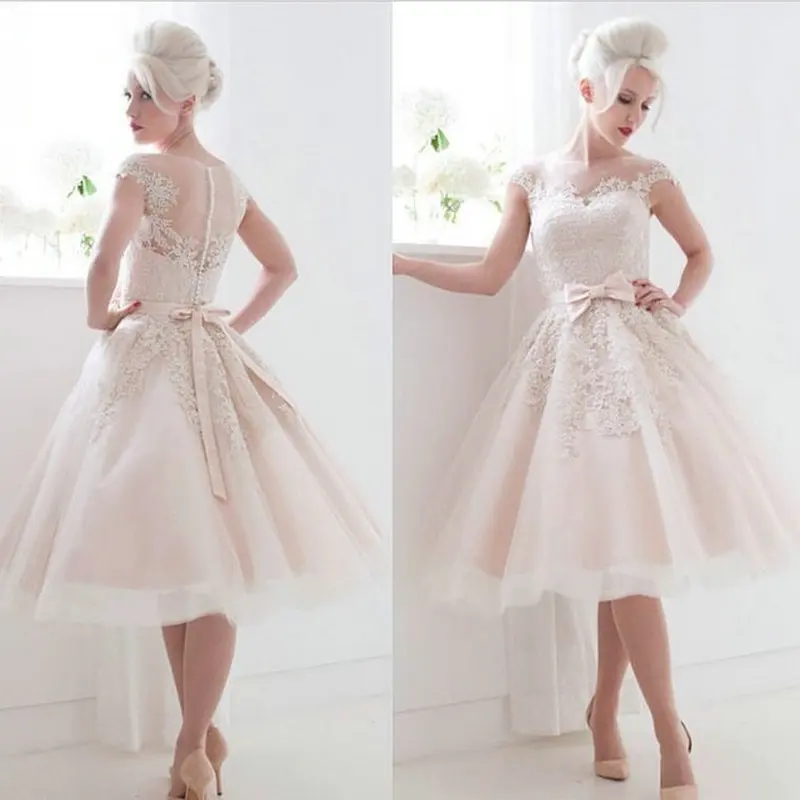 

Vintage Style Cap Sleeves bow Lace Tea Length Ball Gown Short Bride gown 2018 short evening party Mother of the Bride Dresses