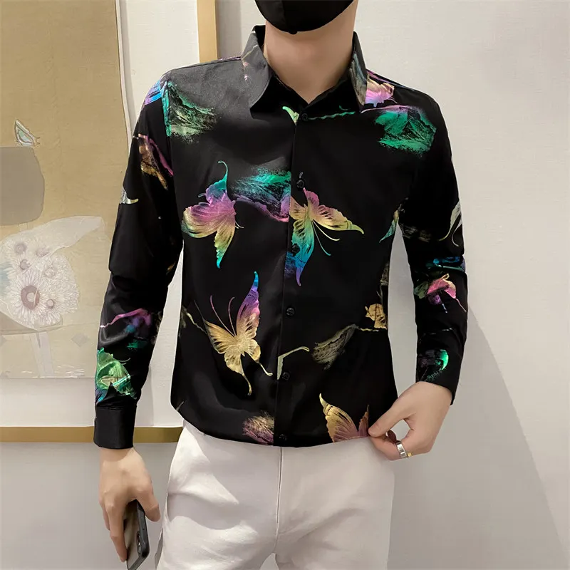 

Brand Colorful Butterfly Embossing Shirts Dress Men Asian Size Long Sleeve Male Stage Nightclub Shirt Camisa Social Masculina