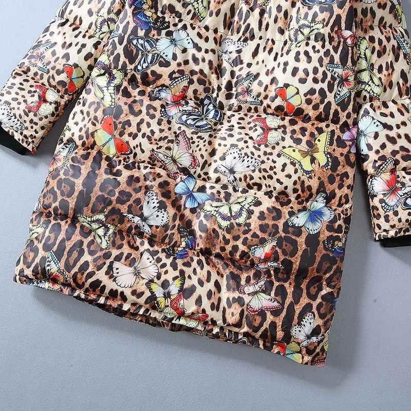 new fashion luxury Panther print butterfly print hoodie long style thickened down jacket