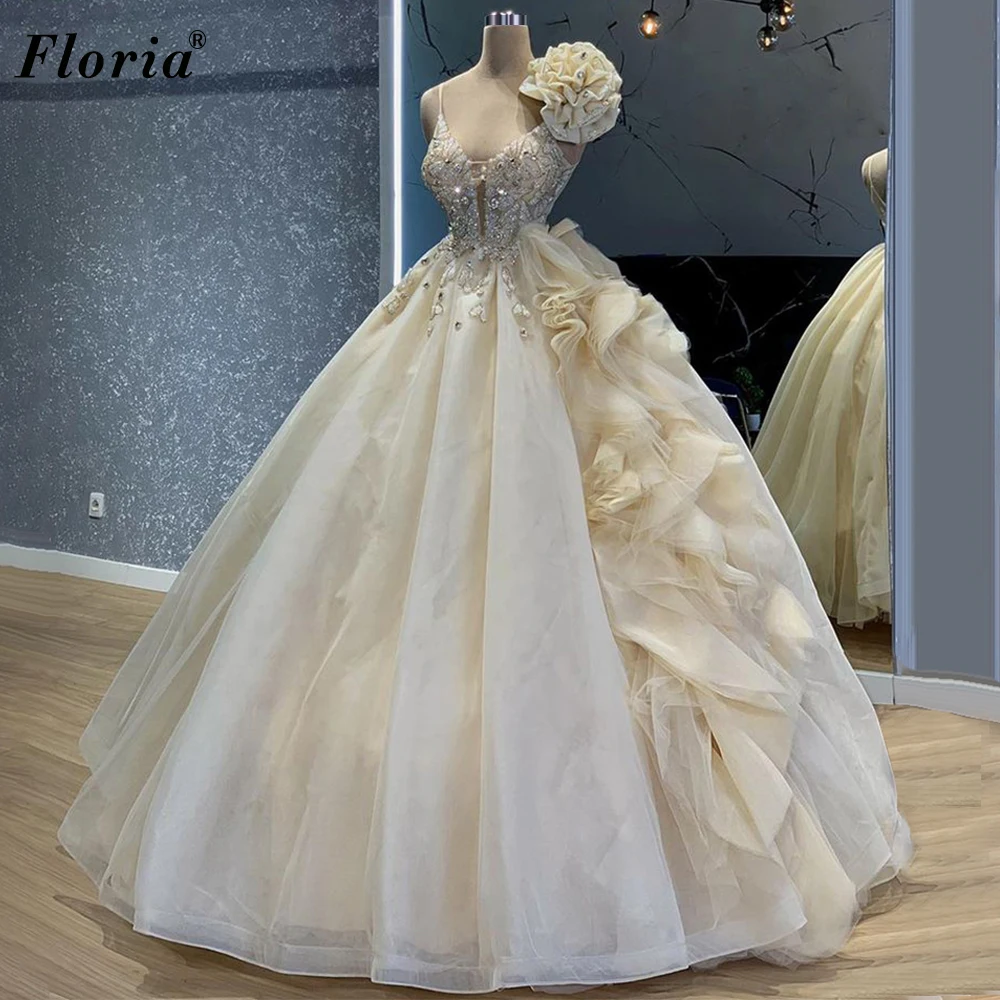 Gorgeous Light Champagne Celebrity Dresses 2020 Crystals Spaghetti Evening Princess Wedding Party Vestidos Elegantes | Свадьбы и