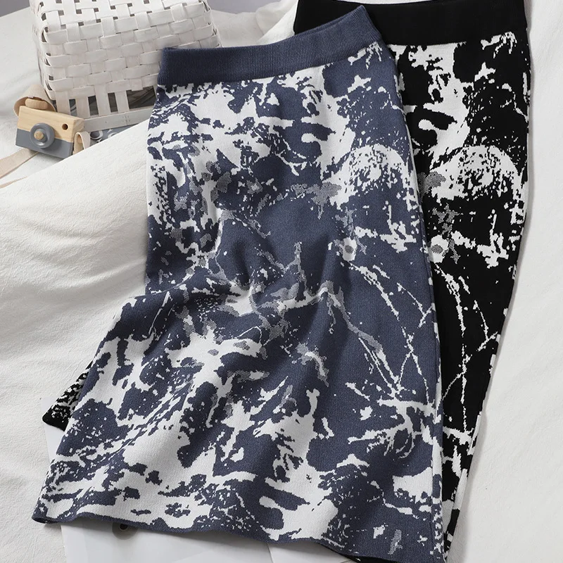 

Elegant High Waist Printing Knitting Penci Skirt 2020 New Autumn Winter Women Slit Wrapped Skirts Wool Mid Long Femme Jupes