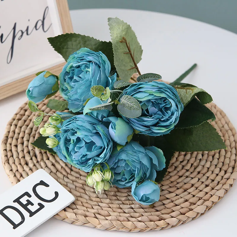 Шелк мини-пион 8 бутоны искусственных цветов европейский стиль поддельные свадебные цветочные украшение букетов для дома отельный настольный аксессуары - Цвет: C Blue