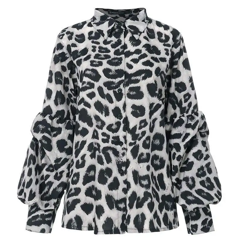 Леопардовая Женская Осенняя рубашка с длинным рукавом, свободная хлопковая рубашка с пуговицами, Сексуальная Блузка Harajuku с животным принтом, туника, топы размера плюс 4XL 5XL