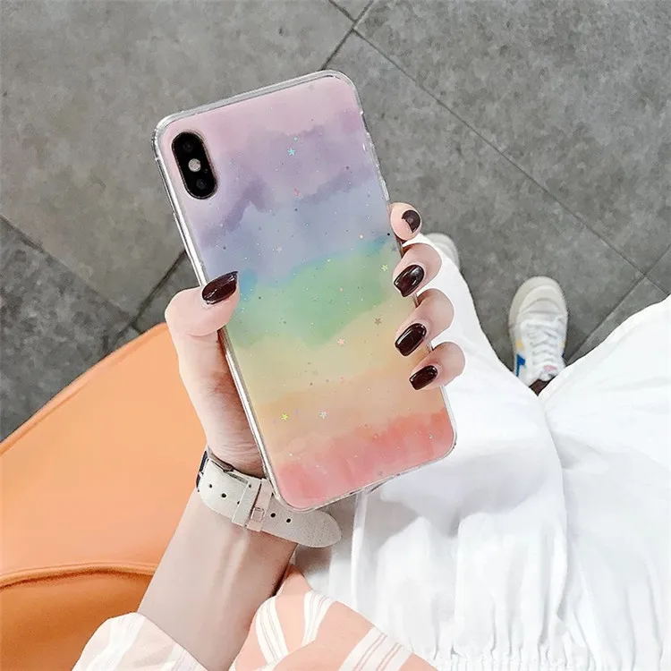Japanese Retro Simple rainbow Gradient Glitter Phone case silicone cover for coque iPhone 7 7 Plus 6 8 6s Plus X XR xs max case