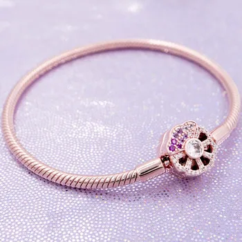 

Original Rose Moments Pink Fan With Crystal Clasp Snake Chain Bracelet Bangle Fit 925 Sterling Silver Bead Charm Europe Jewelry