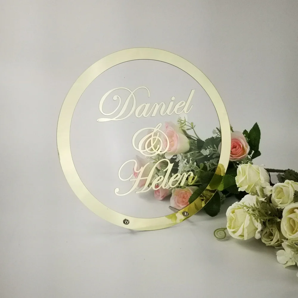 Custom Wedding Name sign Round Frame Mirror Acrylic Sticker Babyshower Word Sign Circle Shape Party Decor, as Guests Favor Gift (1)