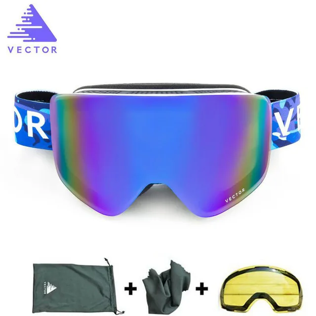 Векторные брендовые лыжные очки для мужчин и женщин с двойными линзами UV400, противотуманные очки для катания на лыжах, снежные очки для взрослых, лыжные очки для сноуборда - Цвет: Blue White Lens