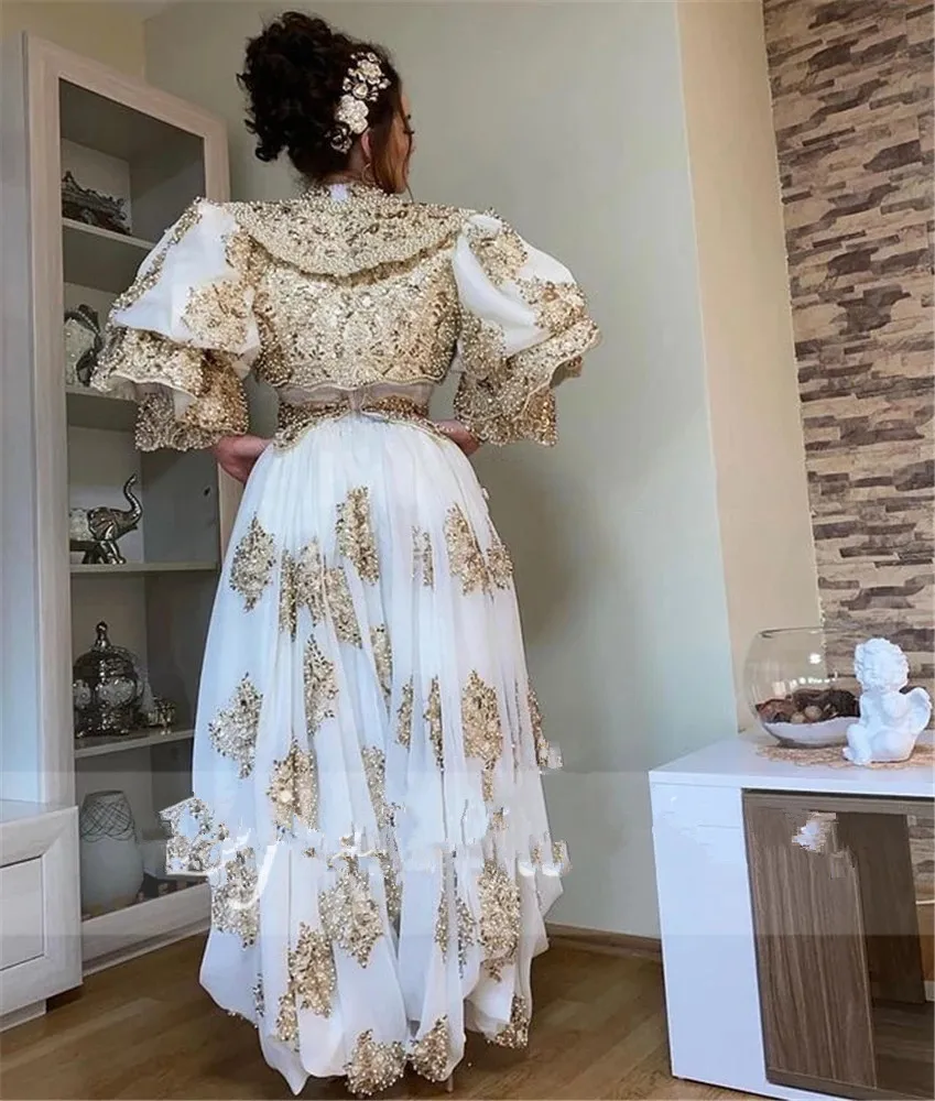 Algeria Caftan Marocain de soirée Bridal Gowns gold lace long sleeve customsized Traditional Kosovo vestidos Evening Dresses 4