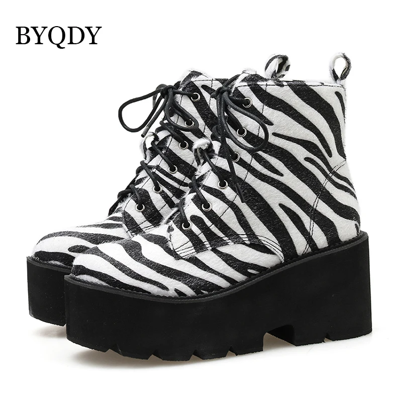 BYQDY Woman Autumn Winter Horsehair Short Boots Women Corss-tied Winter Ankle Boots Increasing Height Shoes Woman Animal Print