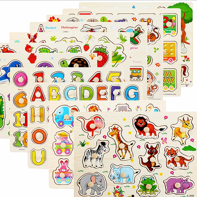 

30cm Baby Toys Montessori Wooden Puzzle Hand Grab Board Educational Wood Puzzles for Kids Cartoon Animal Vehicle Children Gifts