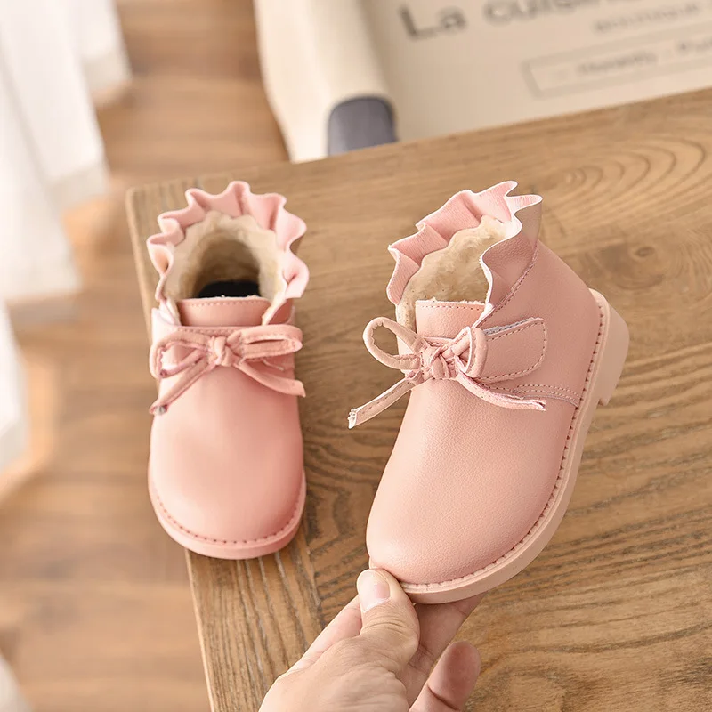 Новые зимние детские кожаные ботинки с цветочным узором для маленьких девочек, обувь для детей, зимние ботинки Martin для девочек 1, 2, 3, 4, 7 лет, розовый и черный цвета