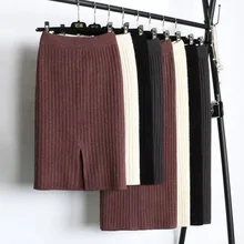 NIGRITY 55-75 см эластичная лента женские юбки осень зима теплая трикотажная прямая юбка в рубчик средней длины черная юбка