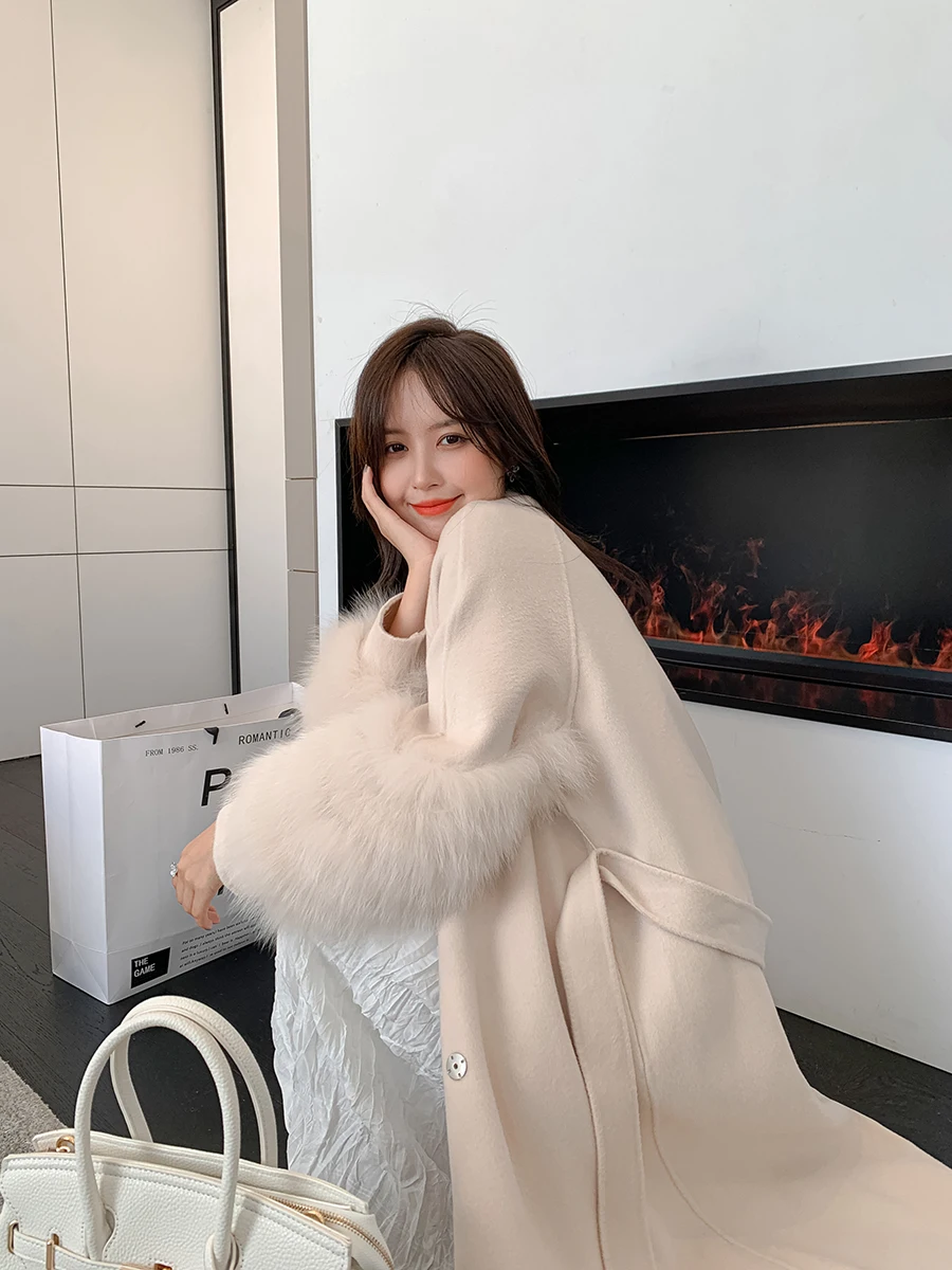 

DT41 Wholesale Price Winter Outwear For Ladies Belted Real Wool Cashmere Blend Long Jacket Plush Natural Fox Fur Collar
