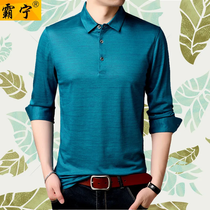 

Mulberry Silk Long-sleeved T-shirt Men's 2019 Spring And Autumn Middle-aged Shirt Collar Real Silk T-shirt Daddy Clothes Viscose