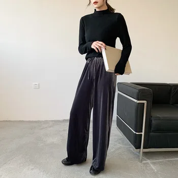 

Pants Women Autumn and Winter New Style Elastic High Waist Pants Fashion Casual Velvet Wide-leg Pants Woman