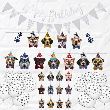 

Pet Dog Theme Party Favors Fashion Pet Dog Claw Face Bunting Cake Toppers and Balloons Happy Birthday and Triangle Banner Set fo