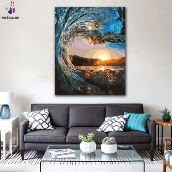 

DIY colorings pictures by numbers with colors Sea water under the setting sun picture drawing painting by numbers framed Home