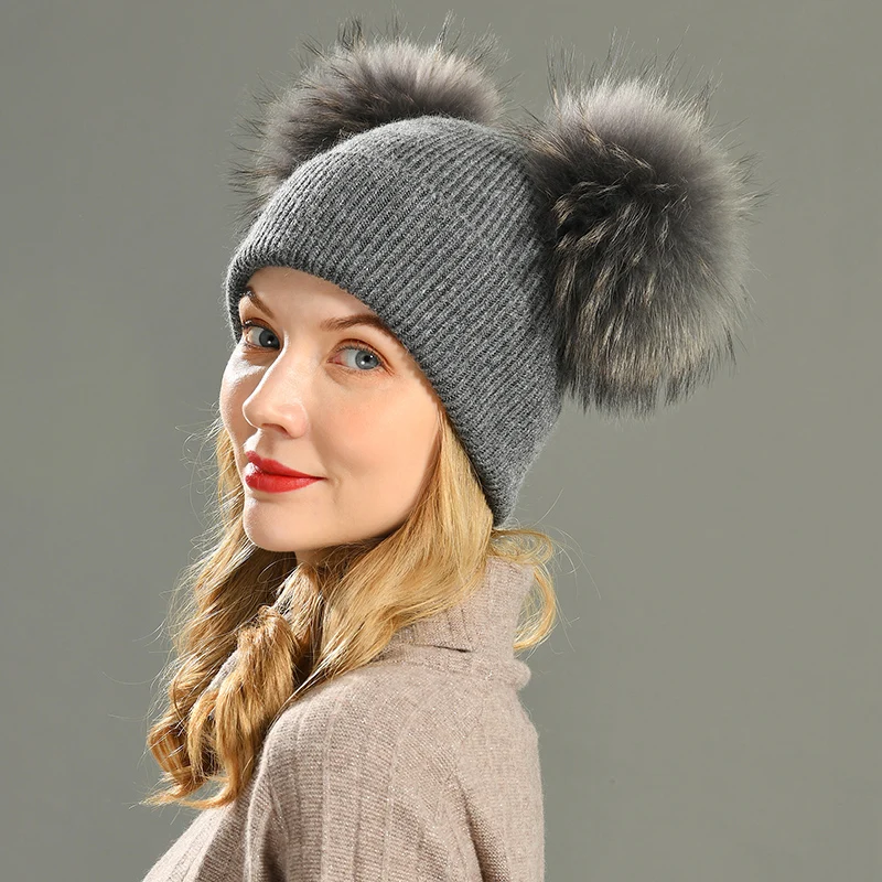 Real Fur Pom Pom Hat Women Winter Caps 