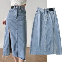 

Maxdutti Faldas Mujer Moda 2021 England Ins Fashion Blogger Skirt Women Vintage High Waist Denim Sexy Forking Midi Skirts Womens