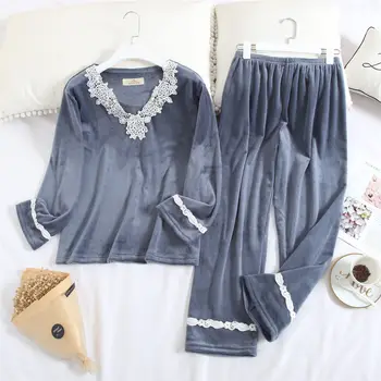 

Feier Thick warm winter pajamas set long sleeve flannel winter pyjamas women spring autumn home clothes lace sweet girl's