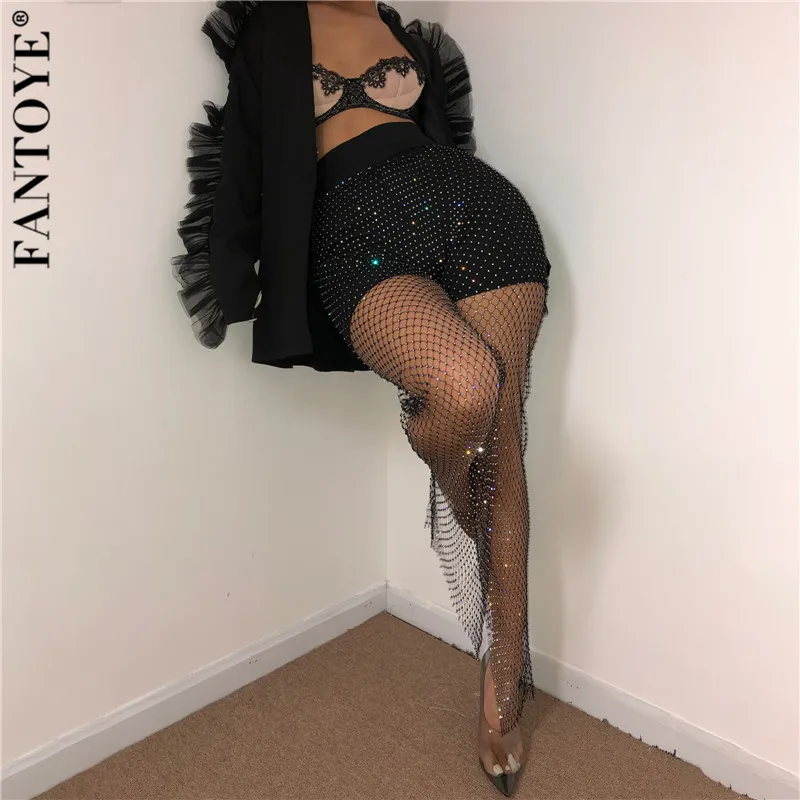 Fantoye New Crystal Diamond Shiny Women Pants Summer Sexy Hollow Out Elastic Fishnet Trousers Fashion See Through Beachwear Pant hot pants