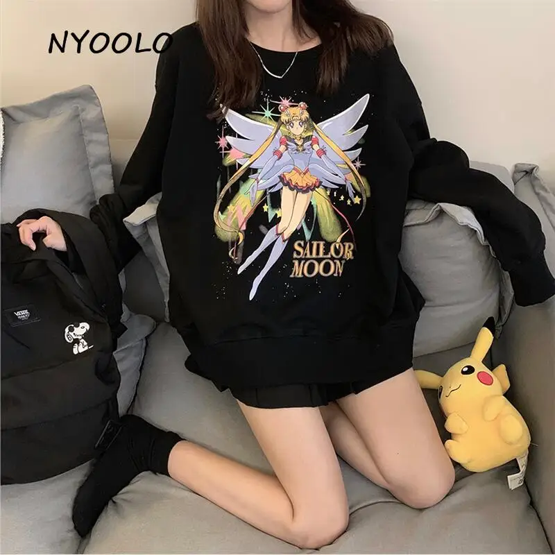 NYOOLO Harajuku стиль мультфильм персонаж Сейлор Мун буквы печати толстовка осень уличная одежда с длинным рукавом Пуловеры женские - Цвет: Черный